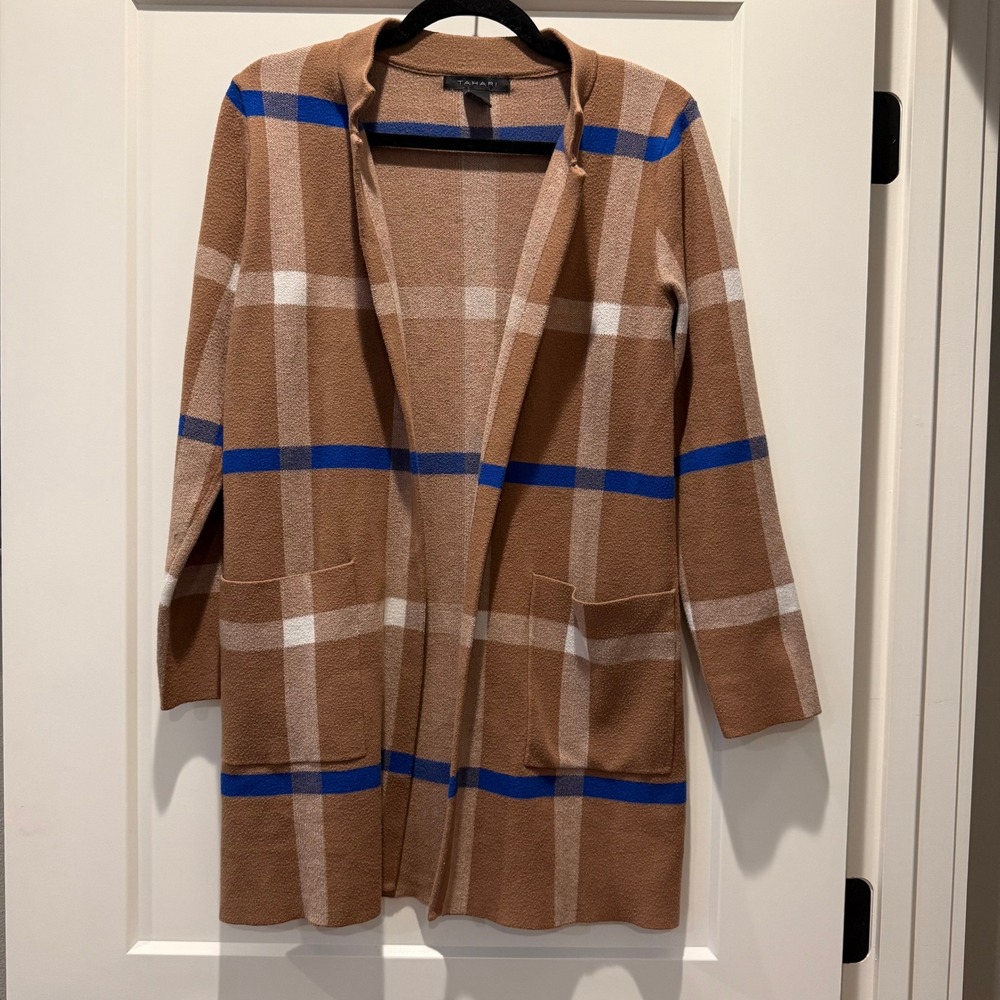 Preppy Academia Tahari Plaid Longline Cardigan M Tan Blue Open Front